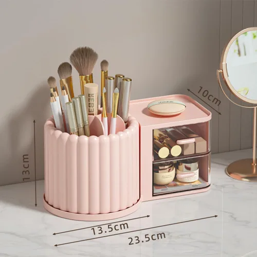 Miniatura 7 de Organizador de Maquillaje para Encimera, Soporte Giratorio 360° para Brochas de Maquillaje con 2 Cajones, Pequeño Organizador Preppy 9.25x5.11