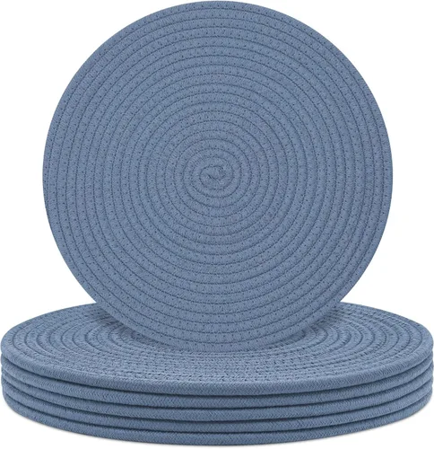 Miniatura 12 de Juego de 6 manteles individuales redondos, alfombrillas de mesa tejidas con cuerda de algodón, almohadillas calientes para cocina, antideslizantes