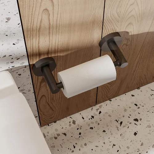 Miniatura 7 de Soporte de papel higiénico negro mate para baño, soporte de rollo de papel giratorio de doble poste de acero inoxidable y aleación de zinc, montaje