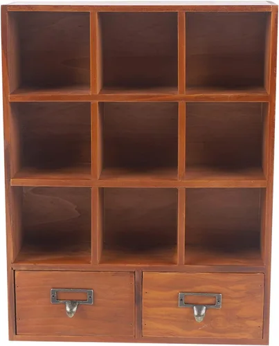 Estante de almacenamiento vintage con 2 cajones, 9 cubos de madera, estante abierto para dormitorio, 13.1 x 3.93 x 16.7 pulgadas, mango de metal,