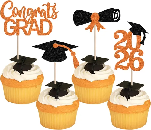 Miniatura 34 de Rsstarxi Paquete de 24 adornos para cupcakes de graduación 2026, con purpurina azul, para la clase de 2026, para diplomas, 24 piezas (6 diseños)