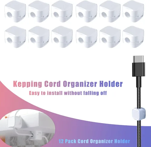 Miniatura 2 de Paquete de 12 soportes organizadores de cables (blanco) con adhesivo fuerte, fácil de abrir para el hogar, oficina, coche, mesita de noche