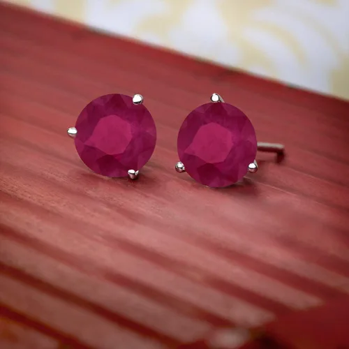 Miniatura 5 de Gem Stone King Aretes de tuerca redondos de 110 quilates color rojo rubí de 18 quilates oro blanco de 3 puntas Martini con rosca en la parte trasera