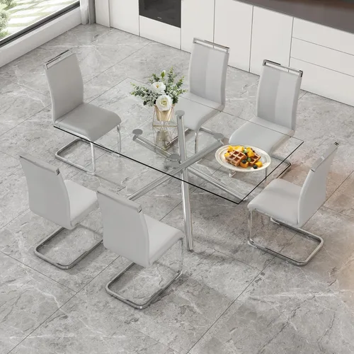 Miniatura 10 de Juego de 8 mesas de comedor de cristal, moderno juego de mesa de comedor de 71 pulgadas con 8 sillas de comedor tapizadas de piel sintética