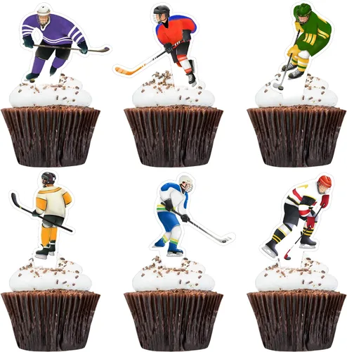 48 piezas de decoración de cupcakes de hockey para jugador de hockey sobre hielo para fiestas temáticas de hockey sobre hielo, fiestas temáticas de