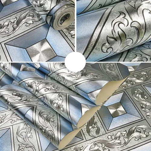 Miniatura 2 de Q QIHANG DAWEI - Papel tapiz decorativo para habitación de KTV, mosaico plateado, diseño de rombos y rombos, color azul plateado, 1.73 pies de ancho