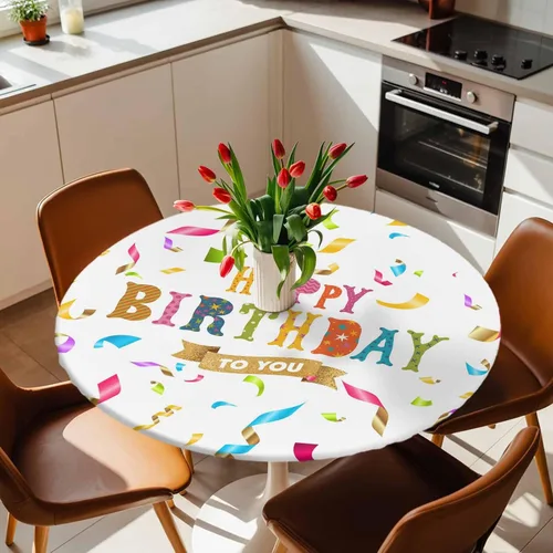 Miniatura 5 de Mantel redondo ajustable de feliz cumpleaños, con diseño de rayas de colores, diseño de lunares, elástico, impermeable, para interiores