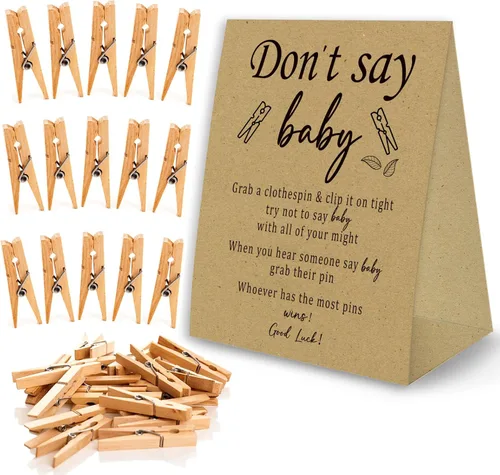 Miniatura 8 de Juego de pinzas para la ropa de baby shower, un cartel de papel recubierto de 5 x 7 pulgadas y 50 pinzas naturales para la ropa, baby shower