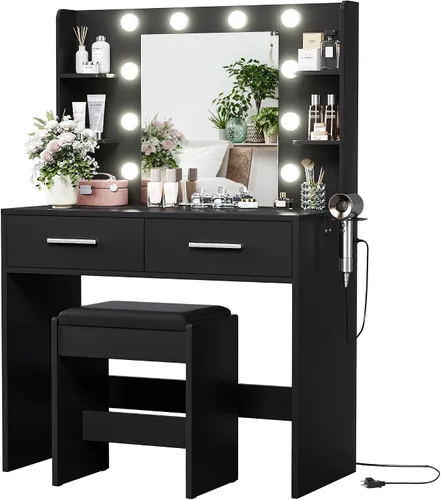 Miniatura 15 de YESHOMY - Escritorio tocador con espejo, mesa de maquillaje con 2 cajones grandes, toma de corriente y soporte redondo, bombilla ajustable de 3