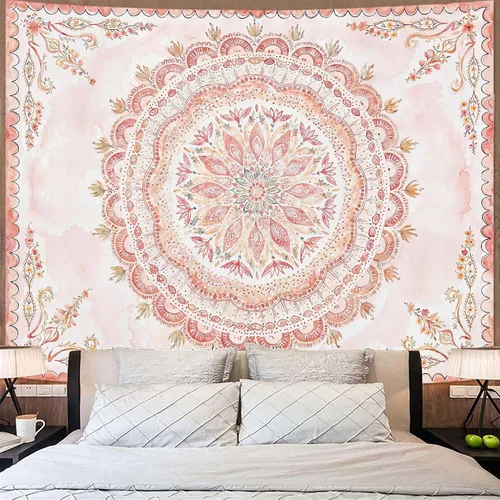 Miniatura 24 de Fowocu Tapiz bohemio con mandala floral para colgar en la pared, medallón de flores bohemias, tapiz estético, beige, naranja, hippie, indio, pequeño