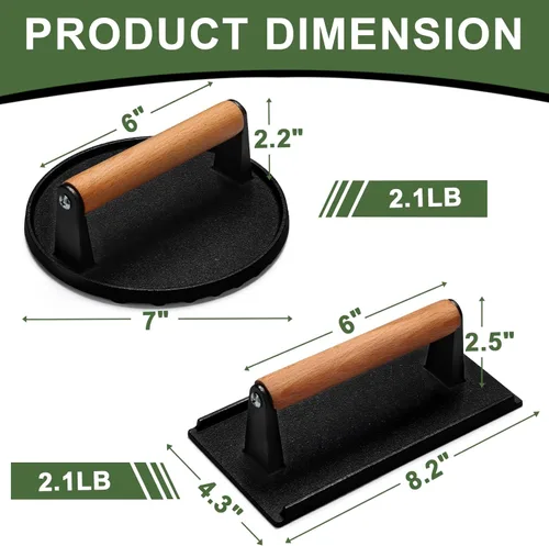 Prensa de hamburguesas, redonda de 7" y rectangular de 8.2"X4.3", prensa de tocino para aplastar de hierro fundido resistente para carne y bistec