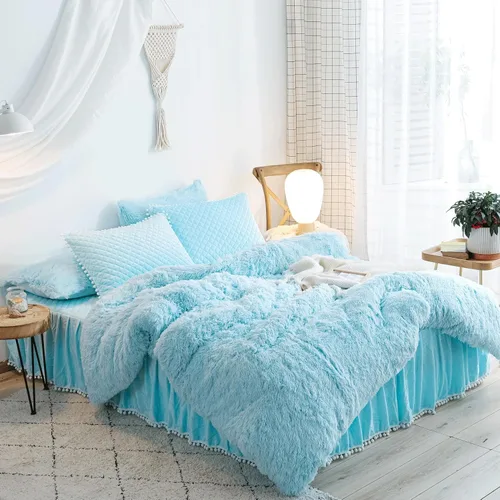 Miniatura 2 de Juego de funda de edredón de felpa azul para cama individual, juego de ropa de cama para niñas de pelo lanudo azul tamaño individual 2 piezas