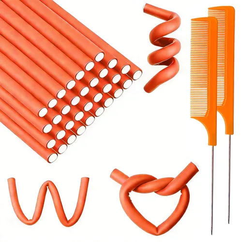 Miniatura 9 de 60 varillas flexibles para rizar, de espuma giratoria, sin calor, rodillos de pelo y peine de cola de rata de acero para cabello largo y corto