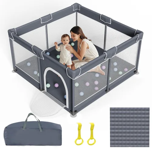 Miniatura 9 de Grobeybees Corralito plegable para bebés con alfombra, corralito plegable grande para bebés y niños pequeños, corral de juegos plegable portátil