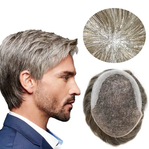 Miniatura 59 de Toupee para hombres pieza de pelo suave suizo encaje real sistema de cabello humano reemplazo blanqueado nudo mens tupé sistema de pelo para hombres