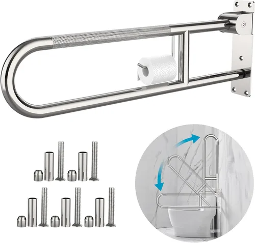 Miniatura 10 de Munzong - Barra de agarre para inodoro en forma de U de 32 pulgadas, riel de soporte antideslizante blanco, barra de agarre abatible para baño