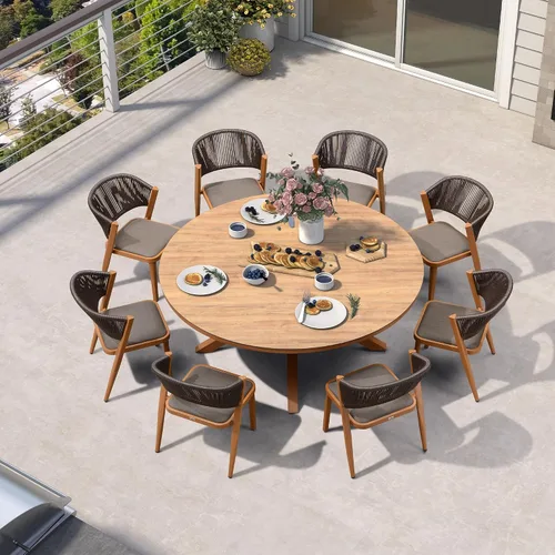Miniatura 19 de PURPLE LEAF Juego de comedor redondo de 5 piezas de gran tamaño, marco de aluminio y mimbre de ratán para patio, mesa y sillas con cojines