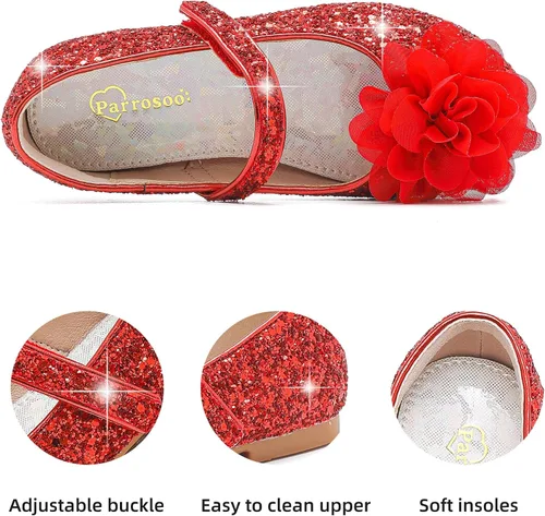 Miniatura 5 de Parrosoo Zapatos de vestir para niñas, zapatos brillantes Mary Jane, zapatos de ballet con purpurina, tacón bajo, para niña, escuela, princesa