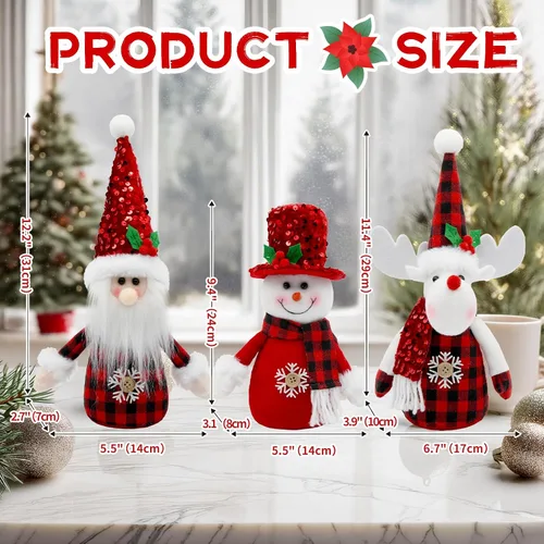 Miniatura 3 de Decoraciones navideñas de búfalo rojo para interiores, 3 piezas de muñeco de nieve de Navidad rojo, Papá Noel y reno, bandeja escalonada de felpa