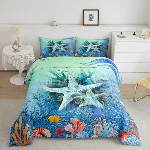 Miniatura 26 de Juego de edredón de ballena individual, juegos de ropa de cama retro con temática náutica para decoración de dormitorio, edredón de plumón de vida