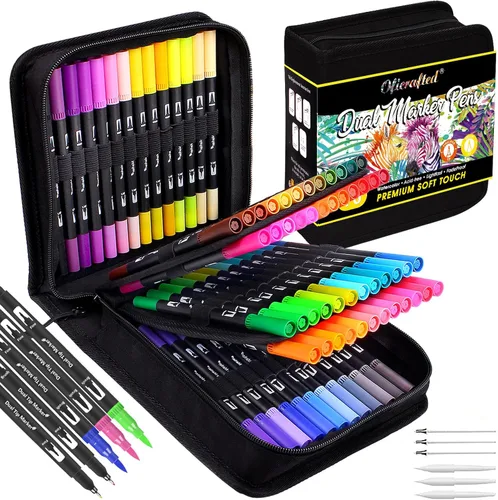 Oficrafted - 76 colores de rotuladores de doble punta con punta de pincel y punta fina para artistas, adultos, marcadores para colorear para libros
