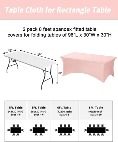Miniatura 3 de Fixwal Manteles rosas para mesas rectangulares de 8 pies, paquete de 2 manteles elásticos de elastano ajustables para fiestas, ferias, banquetes