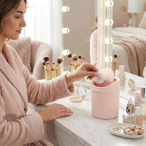 Miniatura 5 de Bote de basura de plástico de 2 L con tapa giratoria, pequeño cubo de basura con tapa giratoria, color rosa