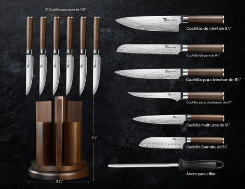 Miniatura 6 de SYOKAMI Juego de cuchillos de cocina con bloque magnético y afilador, juego de 14 cuchillos, soporte giratorio de 360°, cuchillos ultra afilados