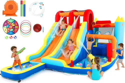 Miniatura 11 de JOYLDIAS Casa inflable de rebote para niños, parque acuático inflable de lujo resistente con toboganes dobles, pared de escalada, piscina y toldo