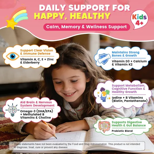 Miniatura 6 de Gomitas multivitamínicas metiladas para niños con Omega 3, multivitamínico para niños y adolescentes 4+ con L de metilfolato y B12, calcio