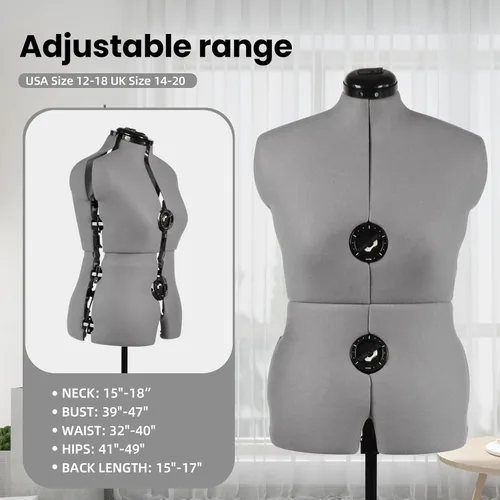 Miniatura 2 de Maniquíes de costura, maniquí femenino gris ajustable talla 12-18, cuerpo de modelo pinchable con 13 diales y ruedas desmontables, rango de altura