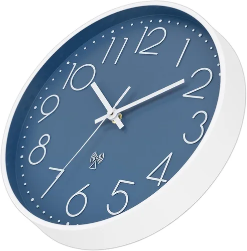 Miniatura 4 de Foxtop Reloj de pared atómico que funciona con pilas, redondo, analógico, moderno, juego automático para oficina, aula, dormitorio, cocina, sala