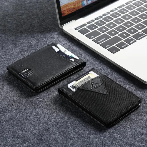Miniatura 4 de Tryangoos Cartera delgada minimalista de cuero genuino con bloqueo RFID para hombres, bolsillo frontal con cierre magnético, bolsillo frontal