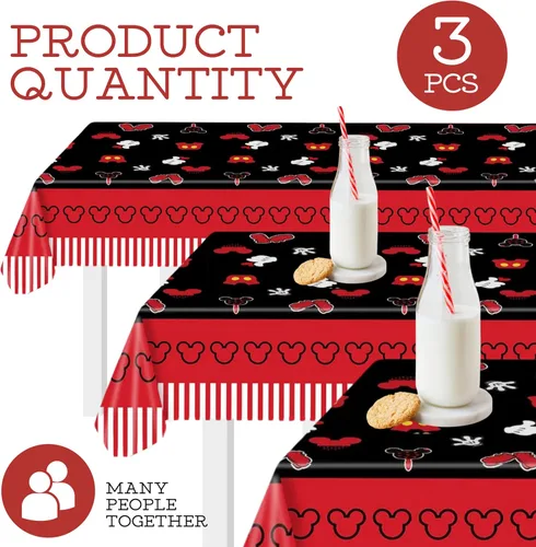 Miniatura 4 de 3 manteles de cumpleaños de ratón para fiestas de 51 x 87 pulgadas, manteles de plástico negro y rojo para niños y niñas, mantel rectangular
