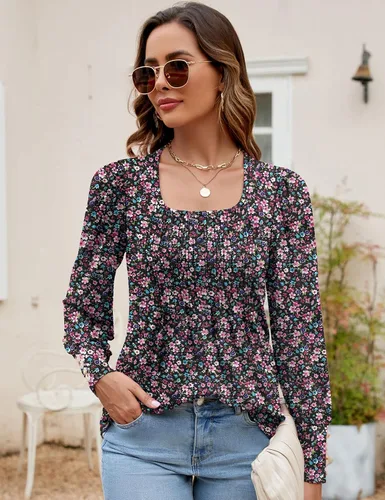 Miniatura 2 de ZHENWEI Blusa tipo túnica con cuello cuadrado para mujer, manga larga, plisada, holgada, con puños con botones, blusa casual de moda