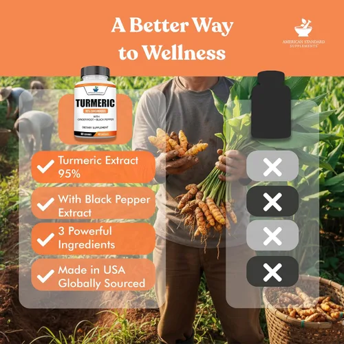Miniatura 6 de American Standard Supplements Extracto de cúrcuma – Curcumina 95% con extracto de raíz de jengibre y extracto de pimienta negra – 60 cápsulas