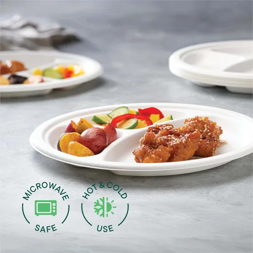 Miniatura 3 de Platos de papel desechables 100% compostables, 3 compartimentos [10 pulgadas] [paquete de 125] bandejas seccionales para almuerzo + divisores
