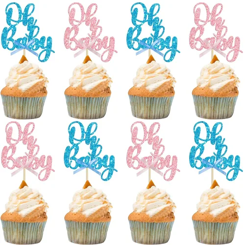 Gyufise 36 piezas de decoraciones para cupcakes Oh Baby, arcoíris rosa y azul con purpurina, para baby shower, revelación de género, cupcakes para B