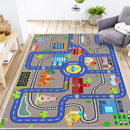 Miniatura 11 de Alfombra de coche para niños, 2 pies 7 pulgadas x 4 pies, alfombra de juego de tráfico urbano para autos de carreras y juguetes, divertida alfombra