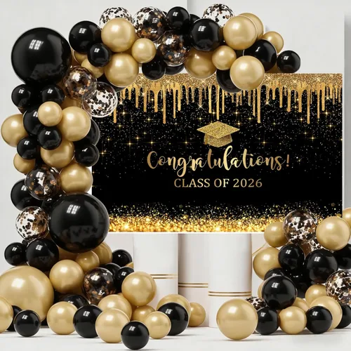 Miniatura 2 de Mocsicka Fondo de graduación de 7 x 5 pies 2026, decoraciones de graduación negro y dorado, pancarta de felicitaciones de graduación 2026, fondo