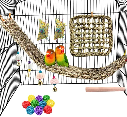Juguetes de pared para forrajeo, loro hierba marina, escalera, 29.5 x 7.1 pulgadas y 11.8 x 11.8 pulgadas, jaula colgante para hamaca, juguetes para
