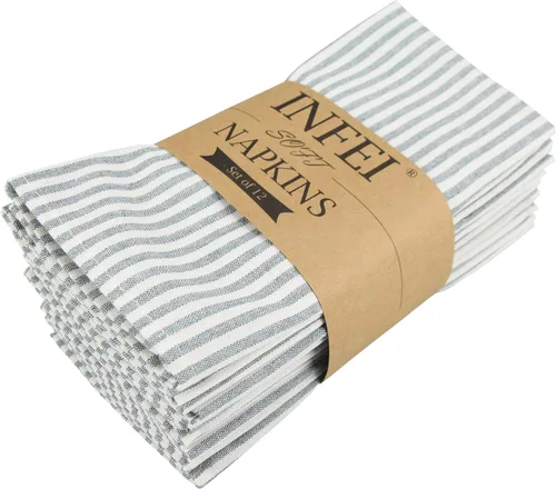 Miniatura 9 de Juego de 12 servilletas de tela de lino y algodón a rayas lisas, para eventos y uso doméstico (beige)