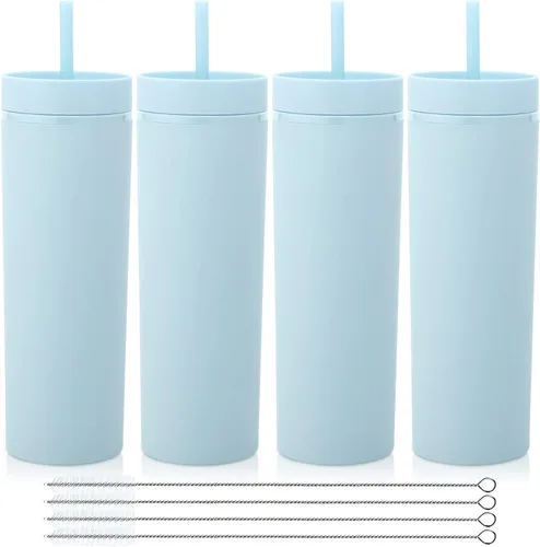 Miniatura 26 de Volhoply Paquete a granel de 4 vasos delgados de plástico de 20 onzas, vaso de doble pared con tapa y popote, taza reutilizable de viaje para café
