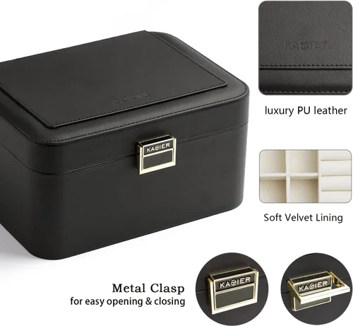 Miniatura 2 de KAMIER Joyero, organizador de joyas de 2 capas para aretes, pulseras, anillos, collares, cuero de lujo y forro de terciopelo suave, caja de regalo