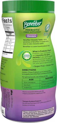 Miniatura 15 de Benefiber Tabletas masticables de suplemento de fibra prebiótica para la salud digestiva, sabores surtidos de frutas, 100