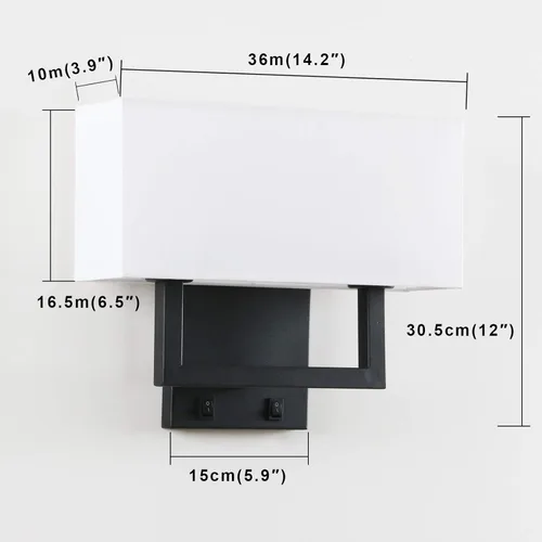Miniatura 2 de PERMO Apliques de pared con acabado negro, doble aplique con pantallas textiles blancas y botón de encendido/apagado, lámpara de pared para sala