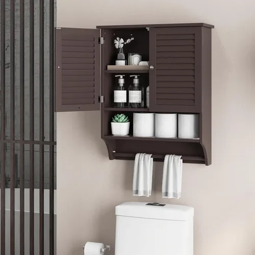 Miniatura 9 de Giantex Armario de baño montado en la pared con 2 puertas con rejillas, estante ajustable de 3 posiciones, toallero, ahorro de espacio sobre