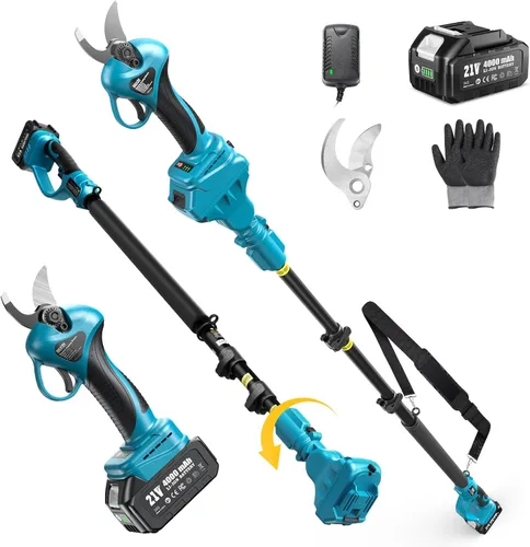 Seesii Tijeras de podar eléctricas 2 en 1 con poste, alcance de 15 pies, diámetro de corte de 1.2 pulgadas, batería de 21V 4000mAh, podadora