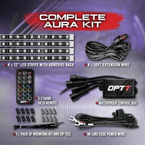 Miniatura 2 de OPT7 Aura Engine Bay - Kit de luz LED RGB con control remoto, 4 tiras de luz impermeables de 12 pulgadas para debajo del capó, modo multicolor