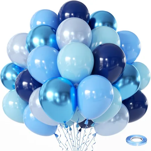 Globos azules, 60 globos de látex de 12 pulgadas azul marino metálico azul marino perla claro cromado azul para cumpleaños, graduación, día del